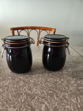 Source Unknown Black Ceramic Clamp-Top Storage Jars with Orange Seals